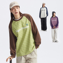 UHUZZ 24AW八个有好事复古条纹撞色长袖宽松休闲拼接插肩T恤情侣