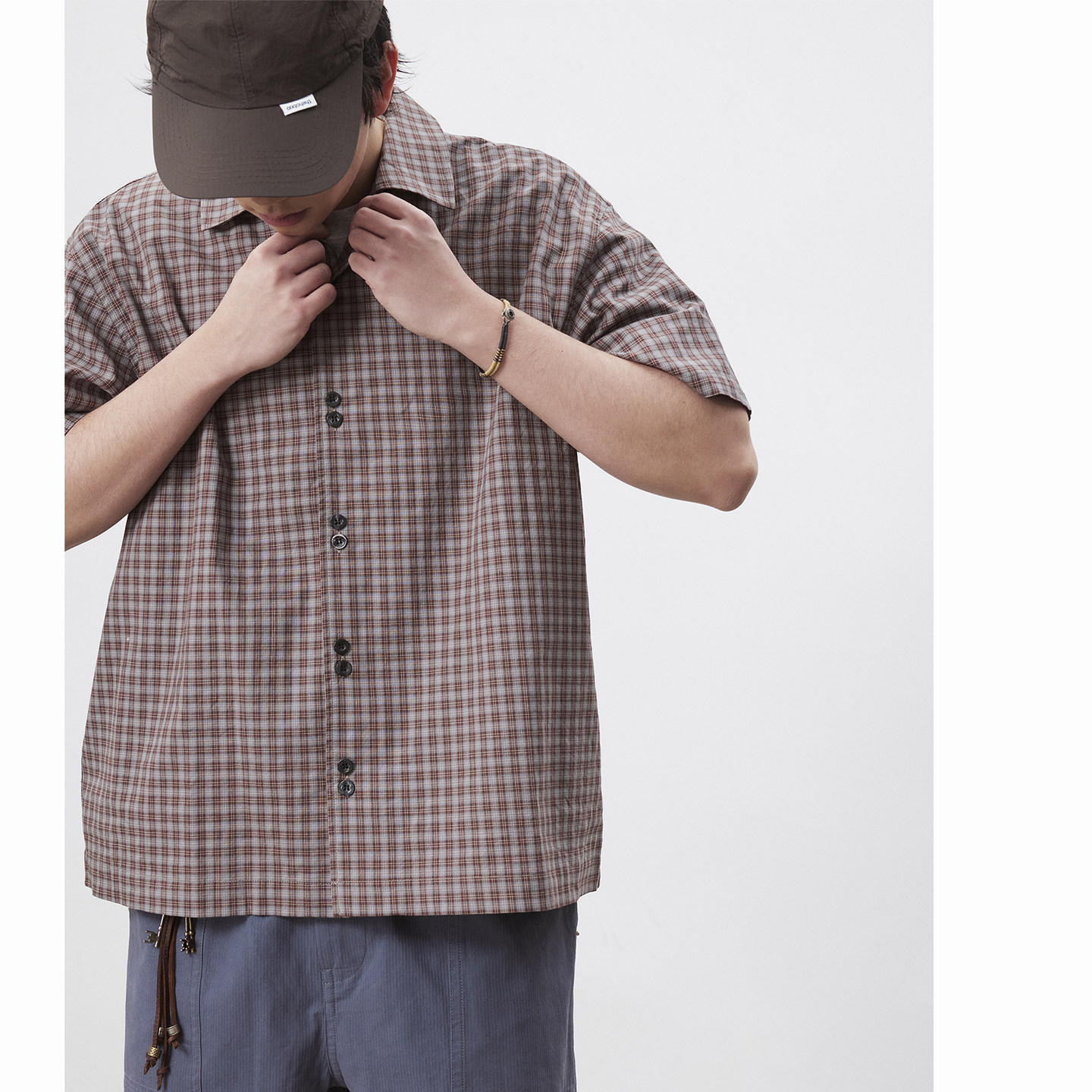 UHUZZ 26SS双子座连排扣格子短袖衬衫宽松衬衣复古休闲外套男女