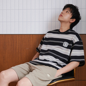 UHUZZ猫罐头绣花条纹短袖 休闲情侣宽松日系学院风圆领T恤上衣男女