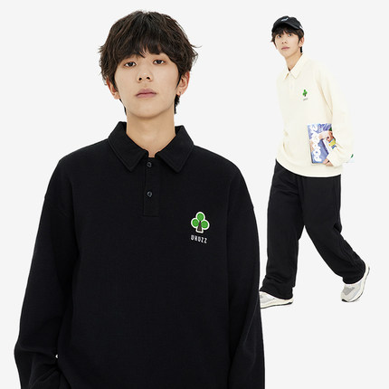 UHUZZ 梅花树刺绣华夫格休闲长袖POLO男女国潮牌情侣翻领宽松上衣