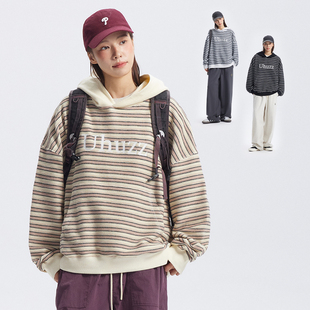 UHUZZ 情侣外套男女 24AW字母刺绣条纹连帽卫衣复古宽松休闲帽衫