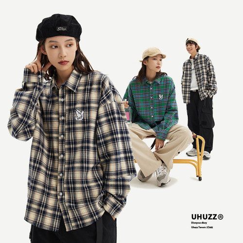 UHUZZ鸽子刺绣格子衬衫长袖衬衣