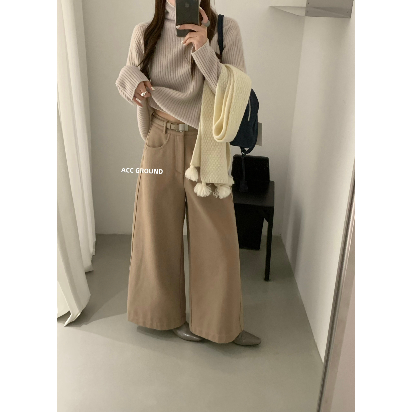 ACC.JD焦点-冬上新韩系百搭简约复合绒阔腿休闲裤(配腰带)3121