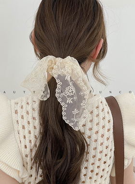 韩国东大门法式复古蕾丝飘带蝴蝶结发圈低马尾温柔风扎头绳2024夏