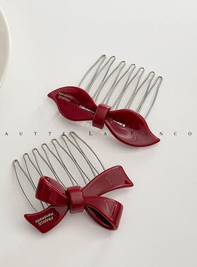 倒插固定刘海巨好用~不伤发复古红色醋酸蝴蝶结发梳插梳刘海发夹