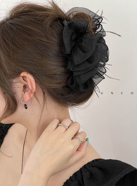 13cm加大号发量多黑色欧根纱羽毛抓夹蝴蝶结鲨鱼夹气质夏季盘发夹