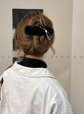 FUNCOCO｜韩式毛绒绒豹纹蝴蝶结一字盘发鸭嘴夹后脑勺抓发夹大号