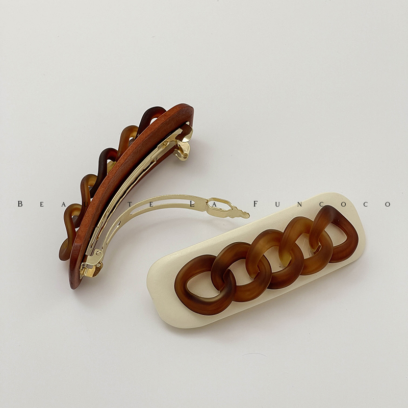 FUNCOCO｜木质复古风~哑光链条弹簧夹一字发量少低马尾发夹发卡女