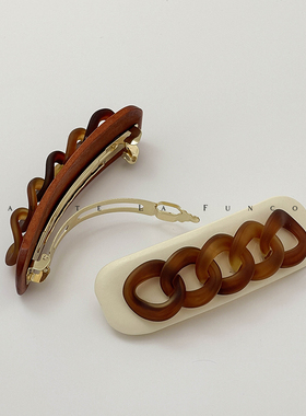 FUNCOCO｜木质复古风~哑光链条弹簧夹一字发量少低马尾发夹发卡女