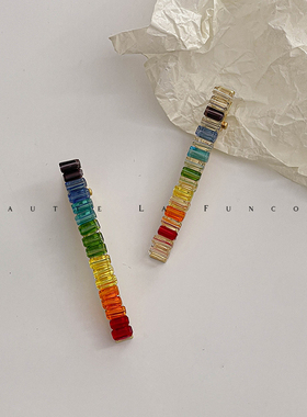 质感水晶彩虹时尚撞色刘海夹鸭嘴夹新款可爱碎发一字侧边发夹对夹
