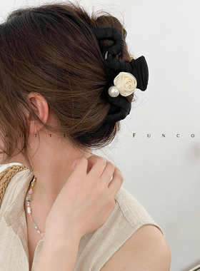 发量多适用~法式优雅丝质玫瑰加大号鲨鱼夹抓夹气质高级感盘发夹