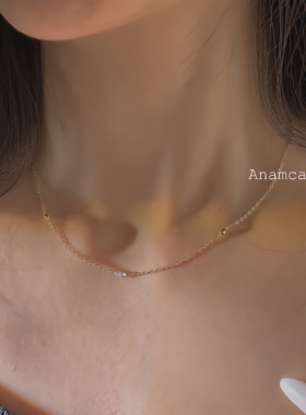 Anam12.9出口日系银镀金米粒月光石天然宝石多面切割金珠精致项链