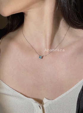 纯银玫瑰花瓣切超闪蓝钻气质项链