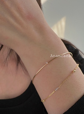 Anam12.9纯银镀金超细点钻简约手链女高级感简约叠戴素圈手环手镯