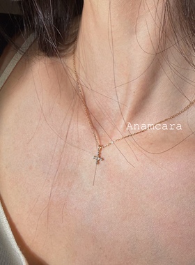 Anam11.11日系银镀金极细闪钻mini十字架罗盘吊坠项链精致锁骨链