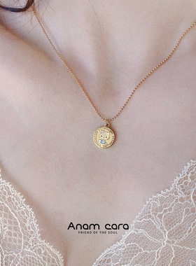 Anam原创设计跨境单钛钢不掉色镀K金美式复古金币项链Kitty猫吊坠