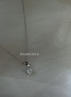Anam独家银镀白金方糖方片D色纯净通透白莫桑钻项链锁骨链送女友