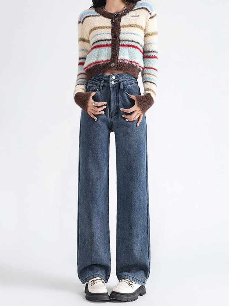 VINTAGE PLUSH THICK JEANS WOMENS AUTUMN AND WINTER NEW HIGH-WAISTED SLIM LOOSE STRAIGHT MOP NARROW WIDE-LEG PANTS