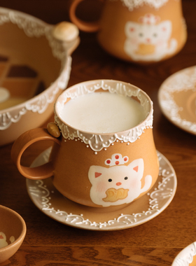 早餐杯手绘猫咪咖啡杯碟套装家用陶瓷马克杯水杯下午茶杯碟套装