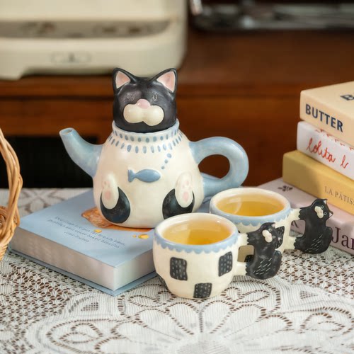 陶瓷釉下彩猫猫窑茶壶茶杯
