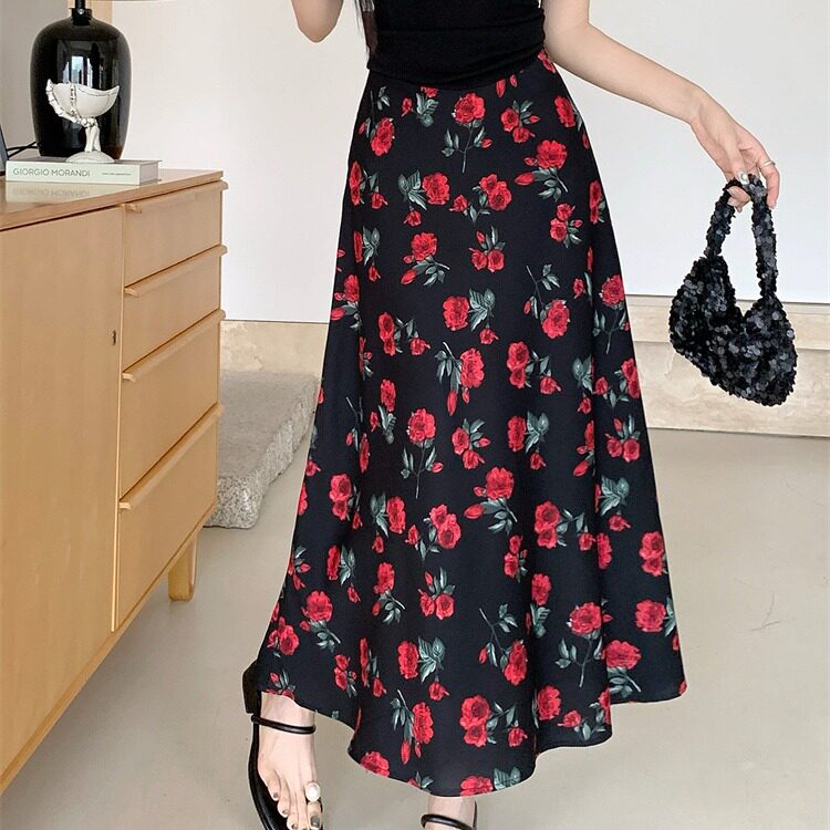 松紧腰+拉链夏季女装百搭显瘦大码碎花中长款半身裙