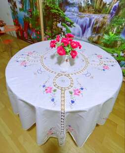 补花拼细线通花手工十字绣超大型圆桌布220*220cm