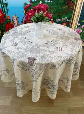 纯亚麻手工剌绣刁绣平绣扣锁抽絲多种工艺本灰色圆桌布.180*180cm