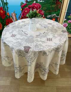 纯亚麻手工剌绣刁绣平绣扣锁抽絲多种工艺本灰色圆桌布.180*180cm