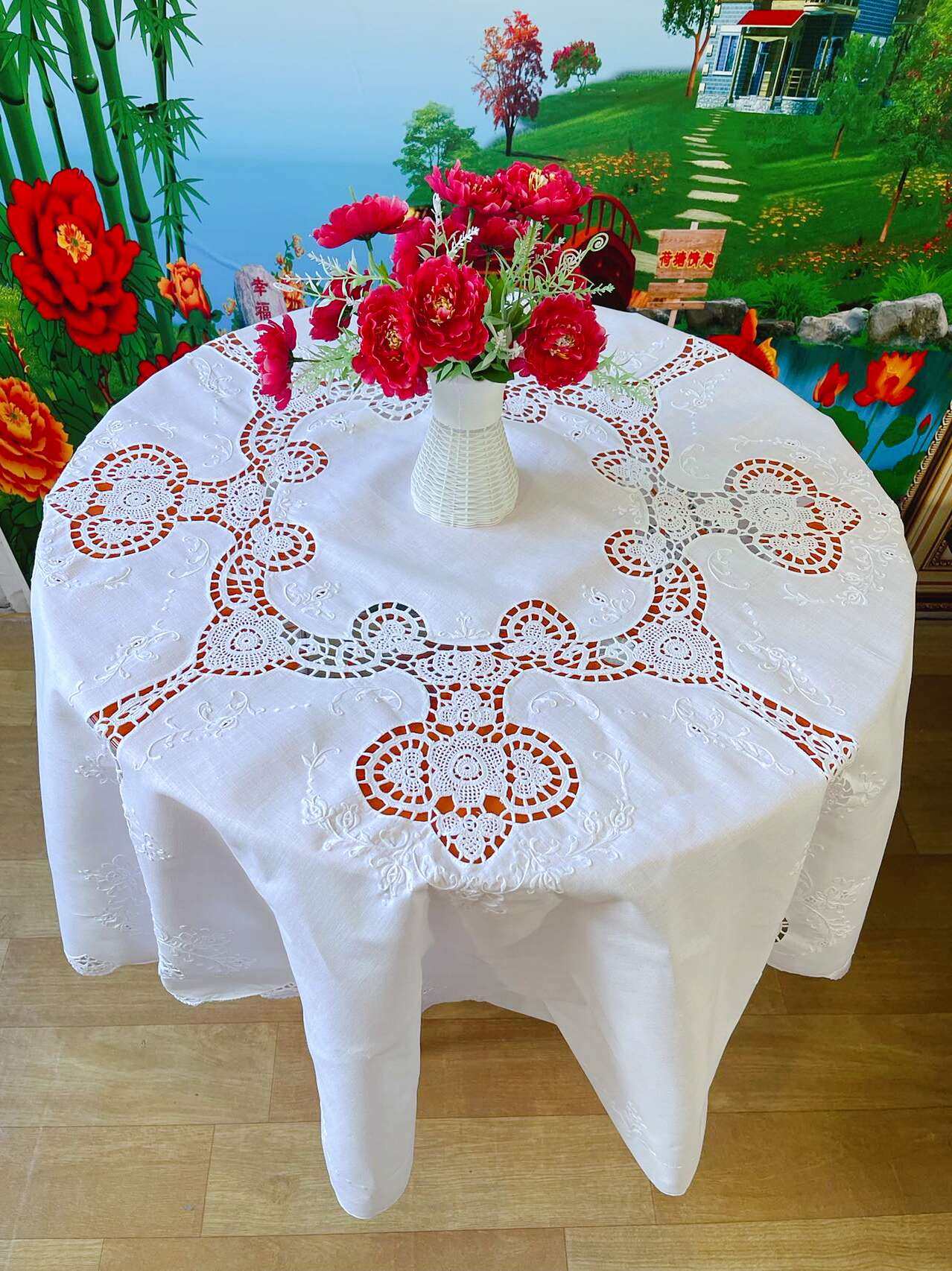 纯亚麻手工刺绣拼即墨花边手勾针圆桌布,居家布艺,桌布,淘宝优惠券,粉丝福利购,淘宝优惠卷