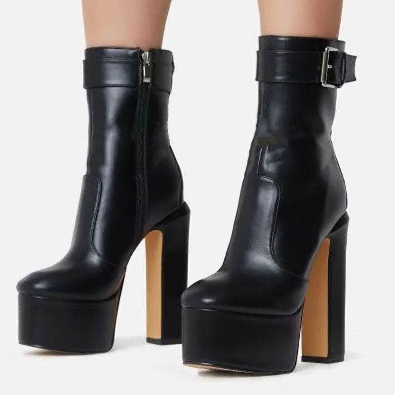 欧美外贸圆头防水台粗跟短靴皮带扣大码走秀时装裸靴秋冬女及踝靴