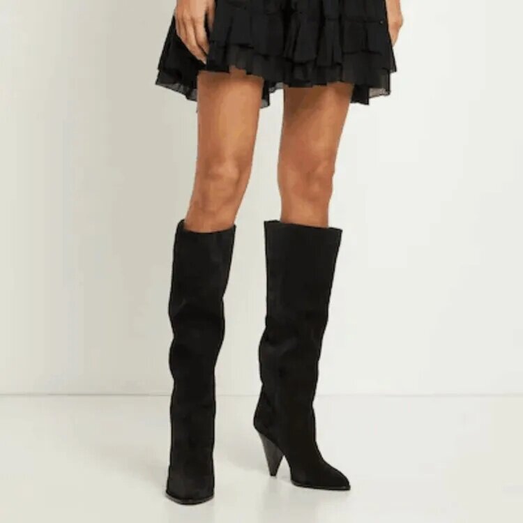 欧美外贸尖头锥形跟及膝靴套筒显瘦走秀时装靴45大码高跟女高筒靴