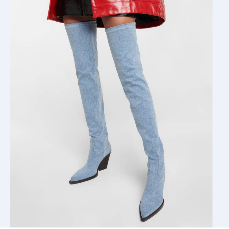 欧美外贸蓝色尖头弹力套筒西部牛仔靴46大码粗跟高跟过膝长靴单靴
