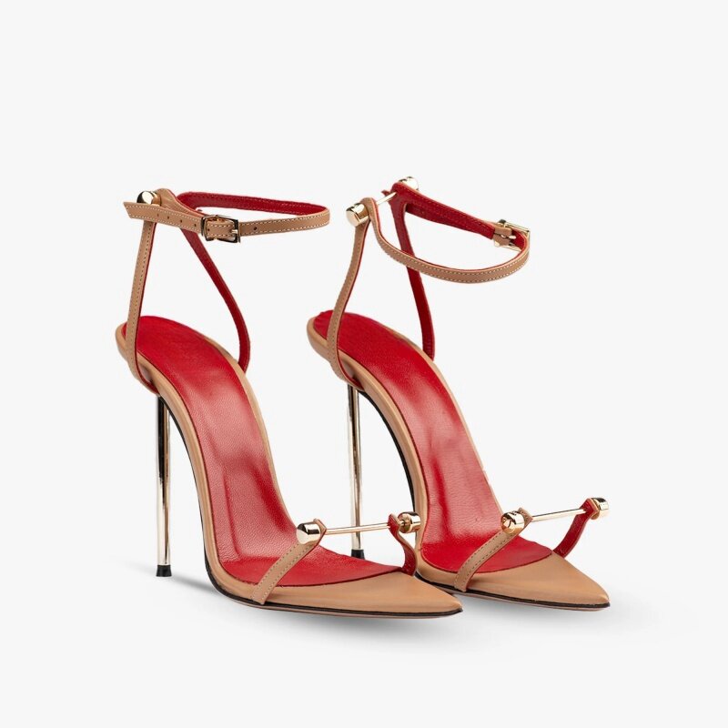 欧美外贸夏细高跟凉鞋铆钉尖头露趾金属跟45大码脚腕绑带女鱼嘴鞋