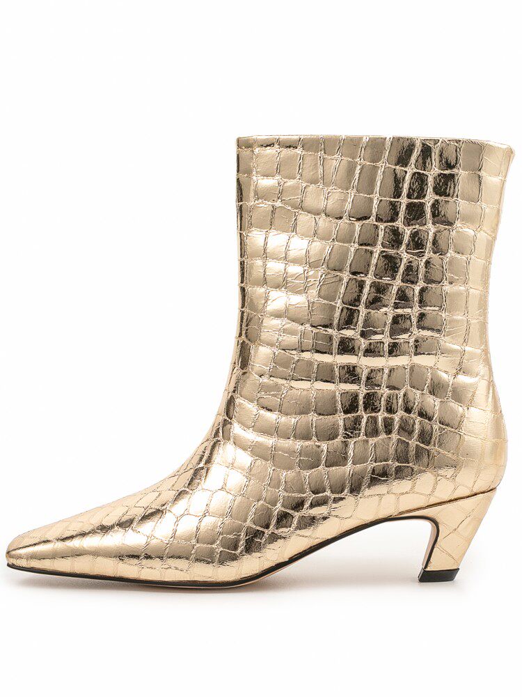 欧美外贸方头石头纹金色小矮跟短靴套筒宽松大筒围马丁靴套筒短靴