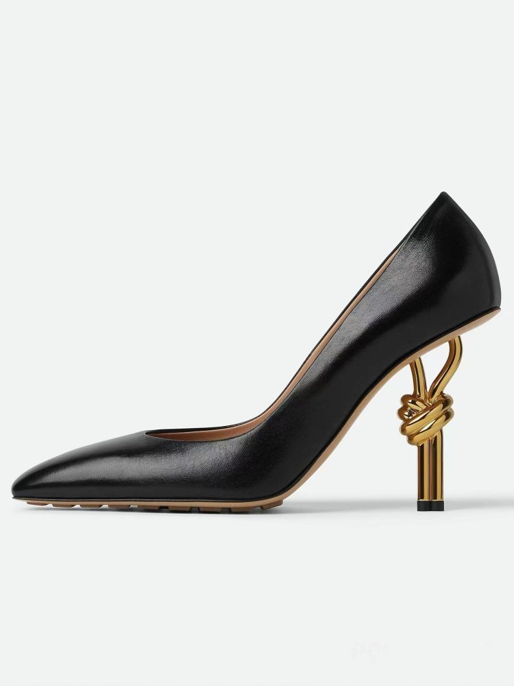 欧美绳结饰高跟鞋金属跟尖头单鞋大码真皮走秀时装鞋辣妹跨境皮鞋