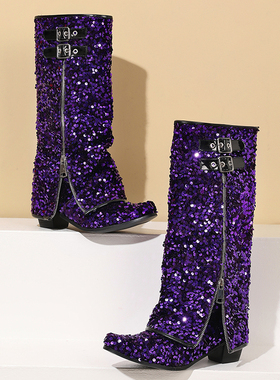 欧美外贸裙边紫色亮片裤管靴皮带扣方头中粗跟及膝靴演出走秀时装