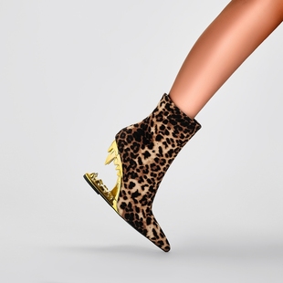 欧美外贸亚马逊演出豹纹虎牙短靴异形跟4546大码 尖头獠牙高跟裸靴
