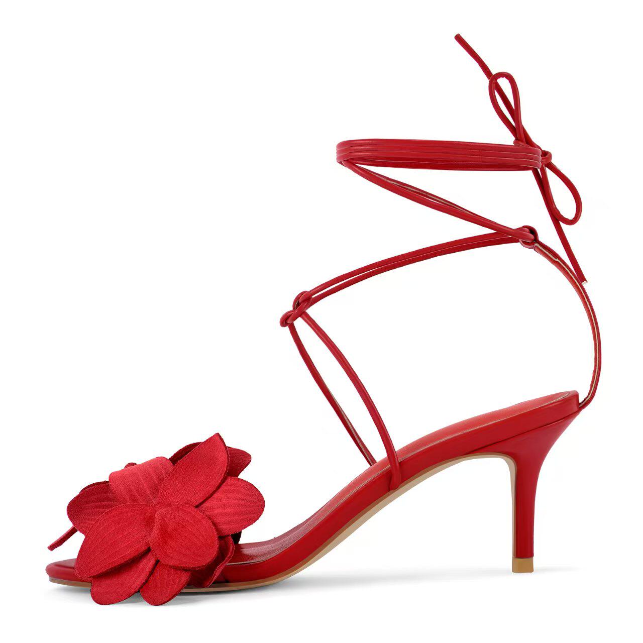 欧美外贸花朵脚腕绑带凉鞋露趾细高跟鞋46大码走秀时装鞋sandals