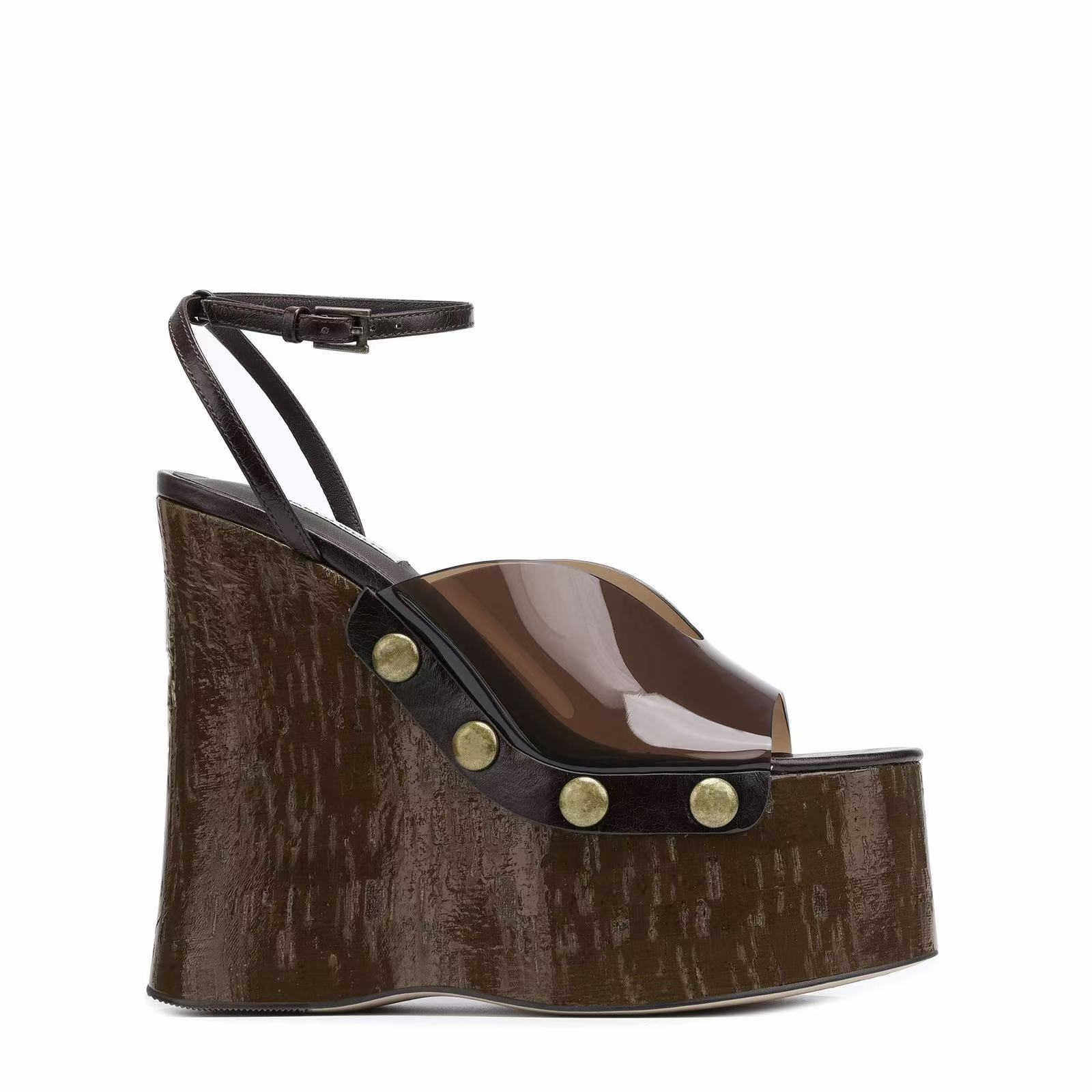 欧美外贸高跟凉鞋厚底木纹防水台坡跟凉鞋金属铆钉扣透明松糕跟女