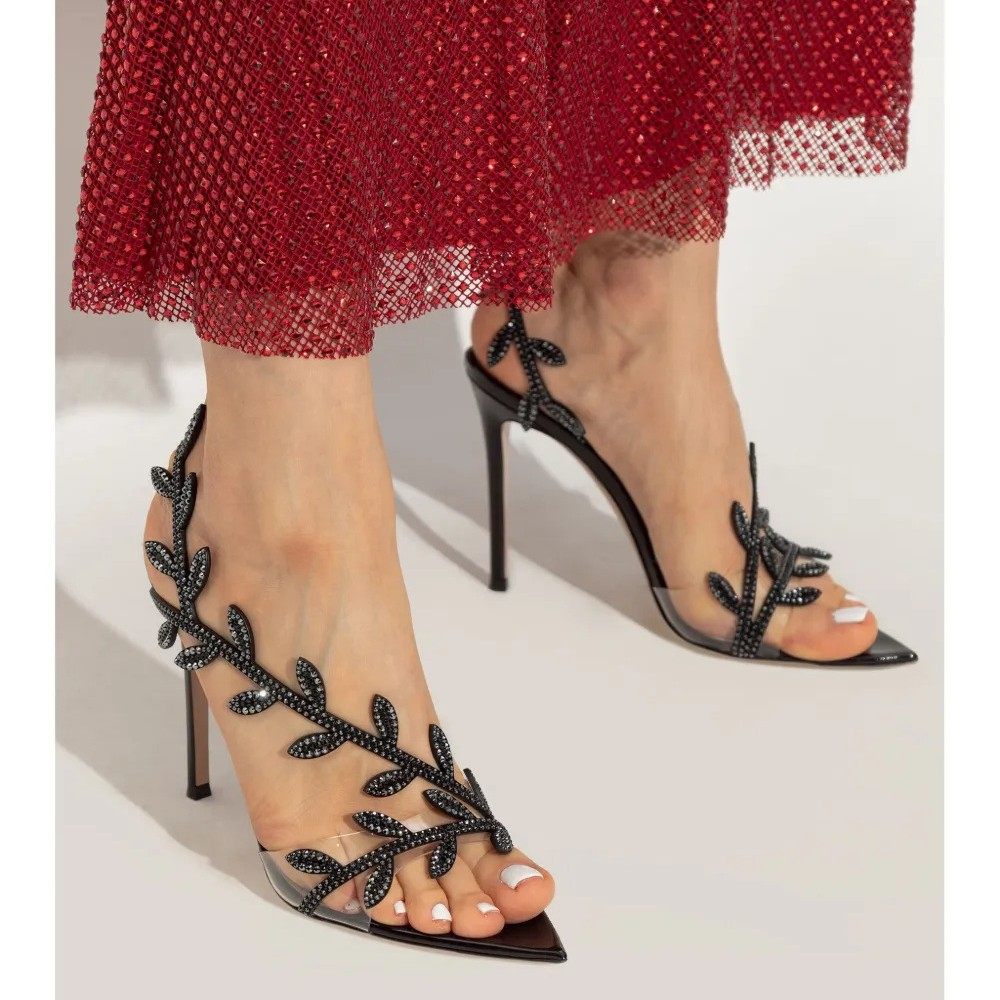 欧美外贸夏树叶子烫钻水钻高跟鞋仙女一字带细跟尖头露趾时装凉鞋