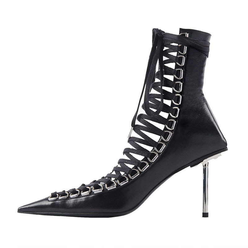 欧美外贸绑带尖头性感镂空走秀45大码牛皮凉靴真皮金属细高跟短靴