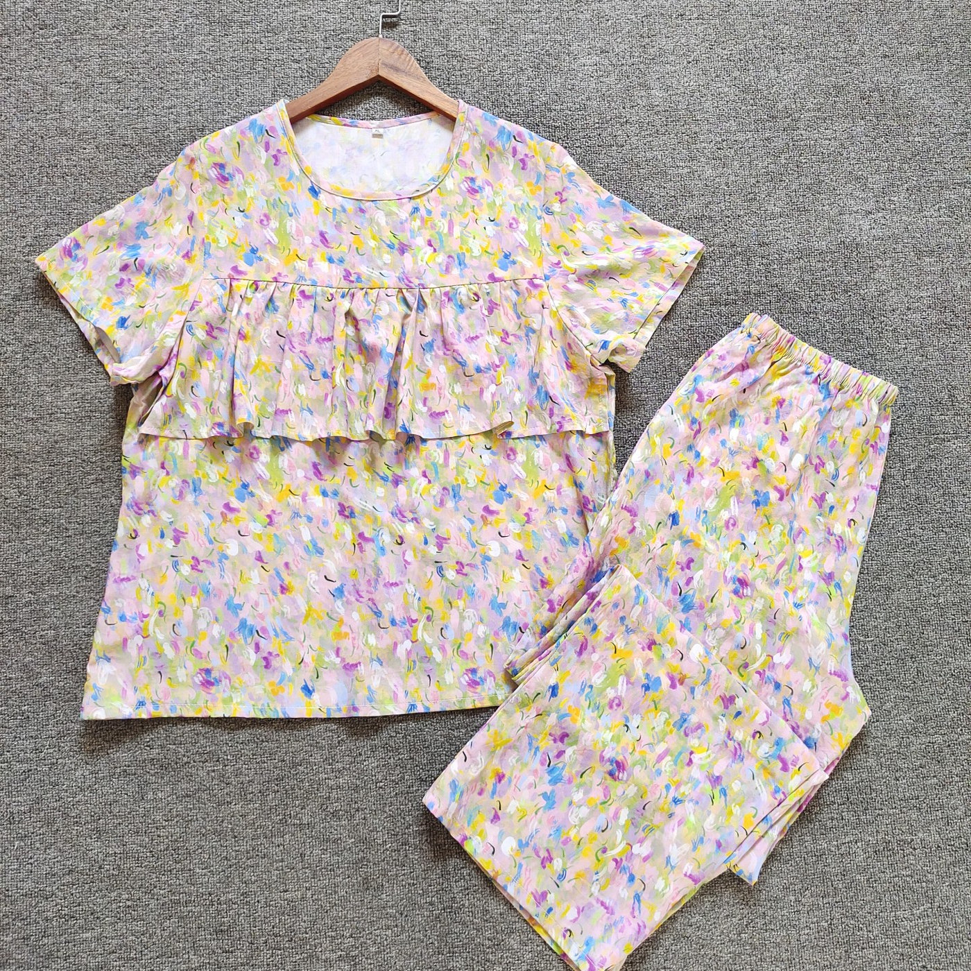 夏季棉绸睡衣女防走光套装人造棉碎花短袖长裤大码居家服遮胸家居