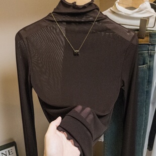 网纱木耳边微透半高领时尚百搭长袖T恤女秋季新款内搭打底衫上衣