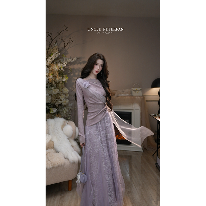 彼得潘大叔《忆沐棉》法式浪漫网纱设计上衣高级设计感半裙套装