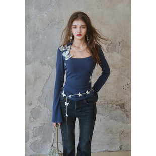 彼得潘大叔《法式九号》珠片蝴蝶薄绒保暖T恤上衣毛绒暖和牛仔裤