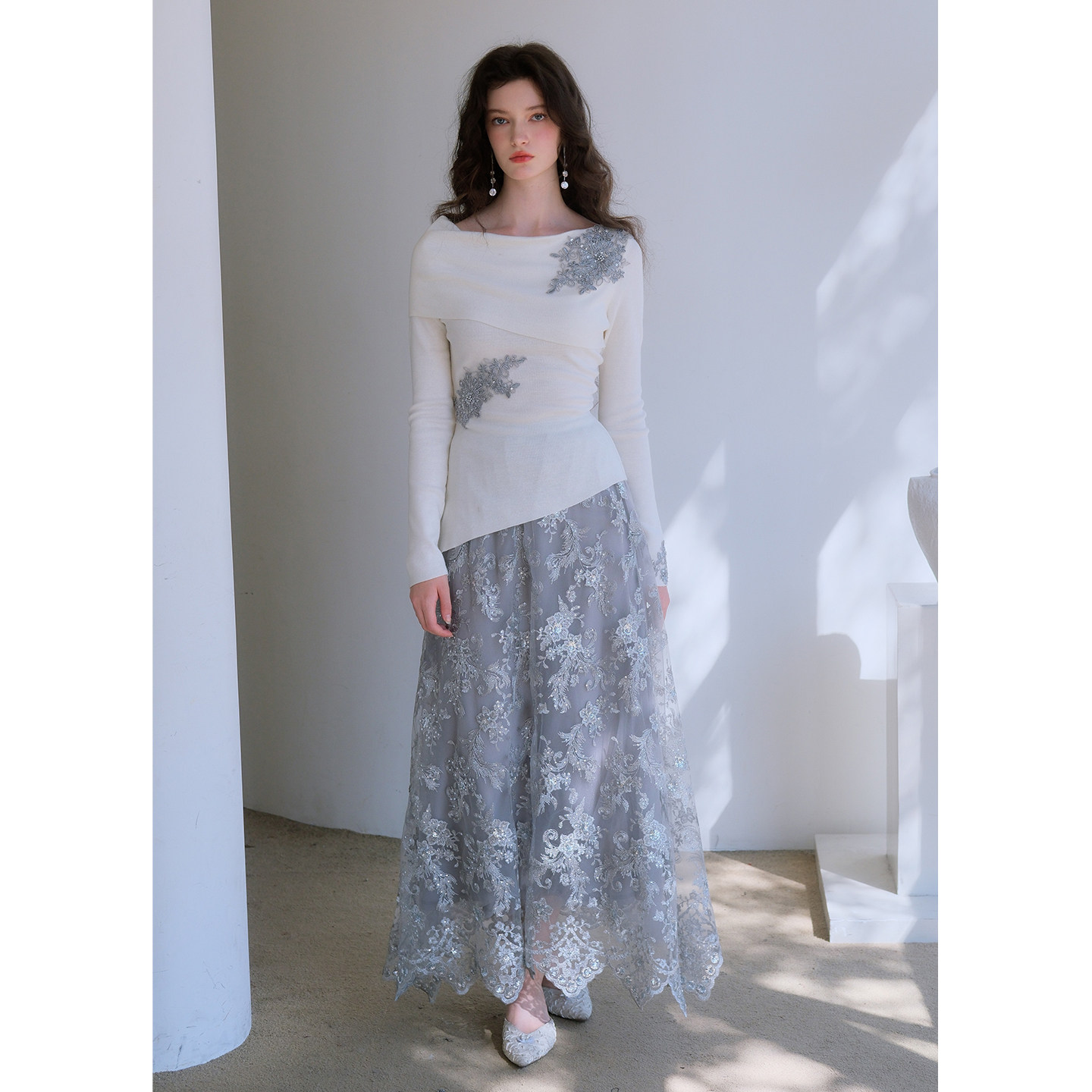 彼得潘大叔《银焰》贴花舒适针织衫精美刺绣网纱半裙套装,女装/女士精品,时尚套装,淘宝优惠券,粉丝福利购,淘宝优惠卷