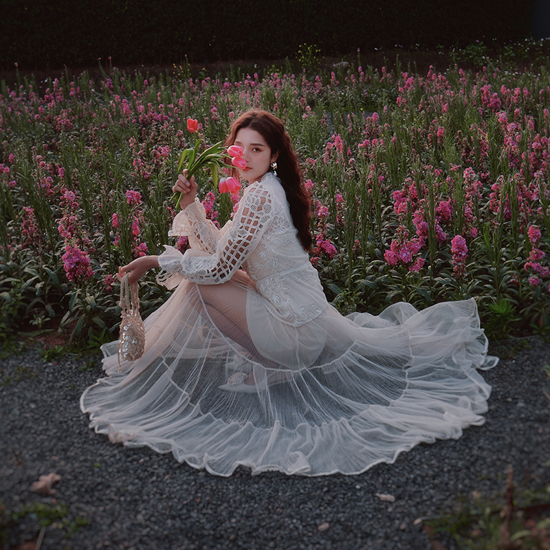 彼得潘大叔《白露物语》法式重工蕾丝刺绣镂空面料优雅长袖连衣裙