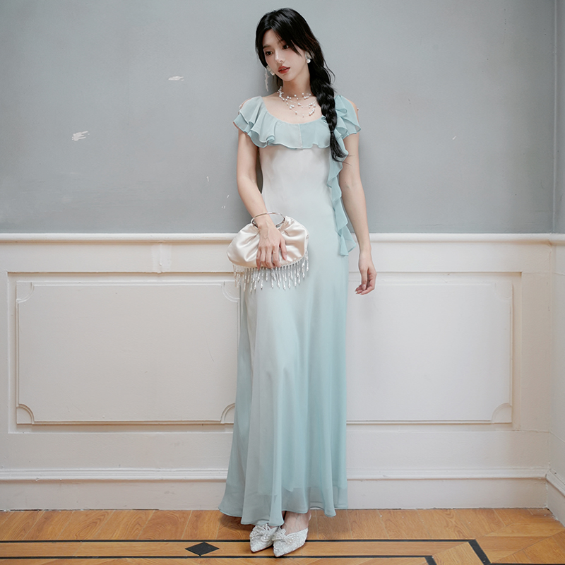 彼得潘大叔《天空艺术家》薄荷渐变色夏日法式荷叶边圆领连衣裙