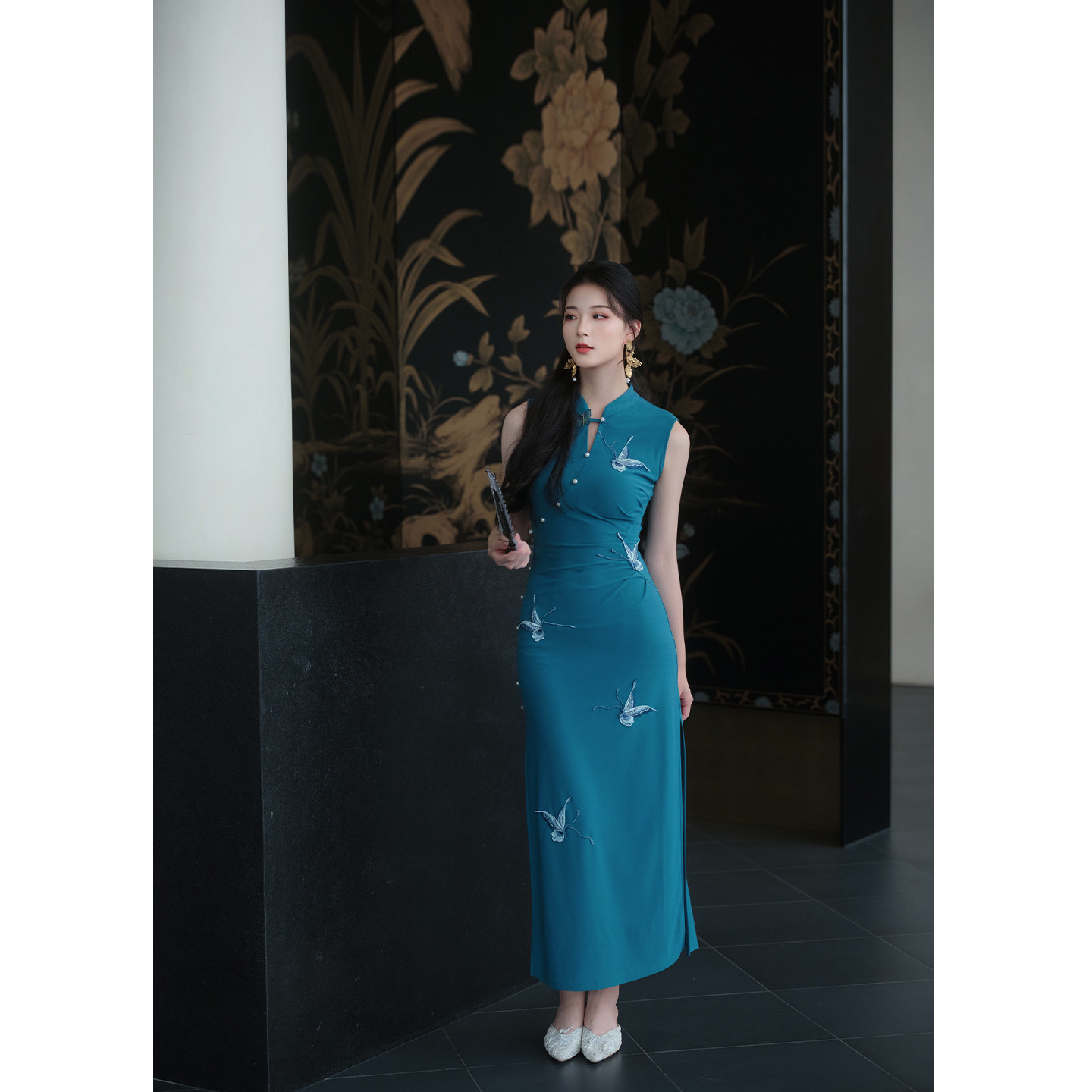彼得潘大叔《蓝田玉蝶》复古修身气质小立领立体蝴蝶旗袍连衣裙
