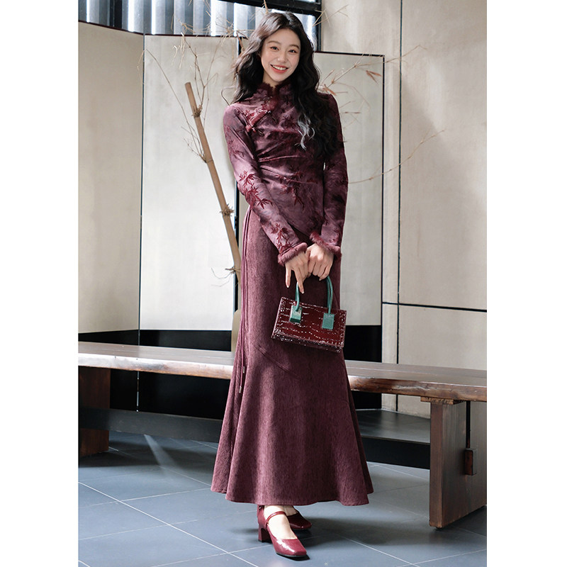 《晚霞色》新中式毛毛领盘扣设计上衣显瘦半裙配腰带,女装/女士精品,时尚套装,淘宝优惠券,粉丝福利购,淘宝优惠卷